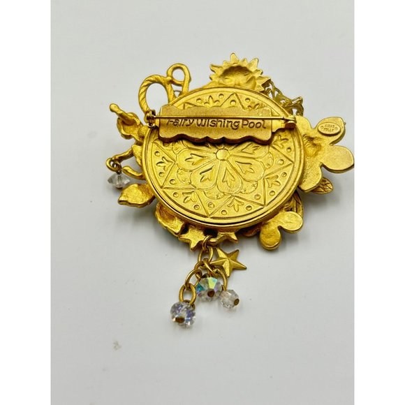 Kirks Folly Fairy Wishing Pool Pin Gold Tone Dragonfly Flowers Whimsical Brooch - Picture 4 of 5